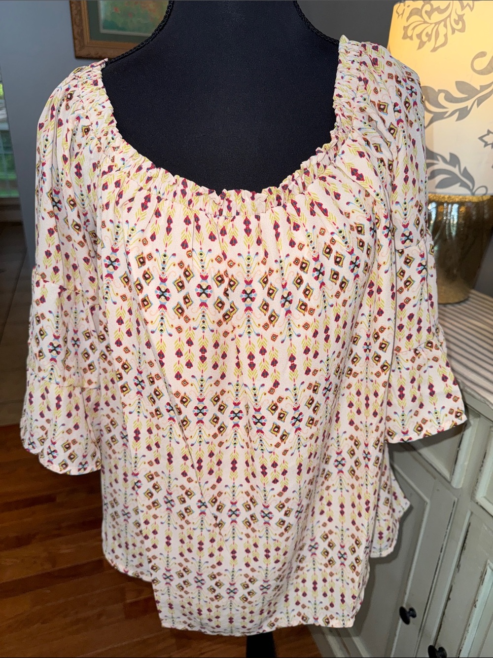 HEYSON - Boho Cream Peasant Blouse with Pink & Brown Geometric Print -NWT